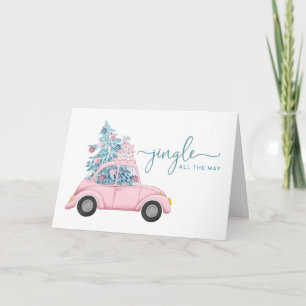 Cartão De Festividades Carro Rosa Feminino Caprichoso com Árvore de Natal