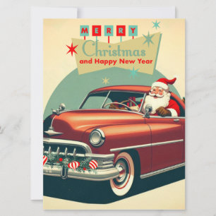 Cartão De Festividades Carro vermelho vintage & Papai Noel
