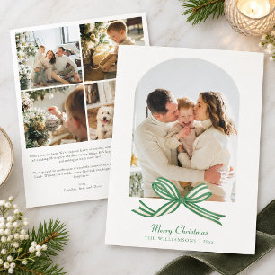 Cartão De Festividades Carta Clássica de Natal com Laço Verde para Foto d