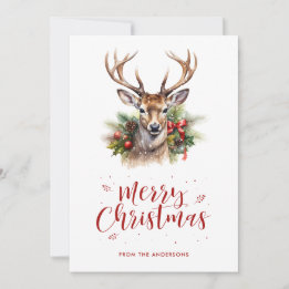 Cartão De Festividades Carta de Natal com Veado em Aquarela com Folhas de