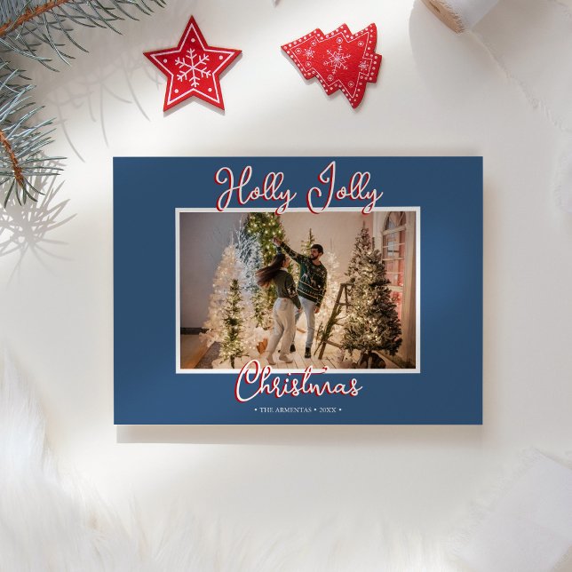 Cartão De Festividades Carta e Foto de Natal Blue Holly Jolly (Criador carregado)