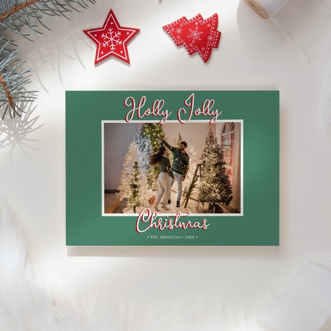 Cartão De Festividades Carta e Foto de Natal Green Holly Jolly (Criador carregado)