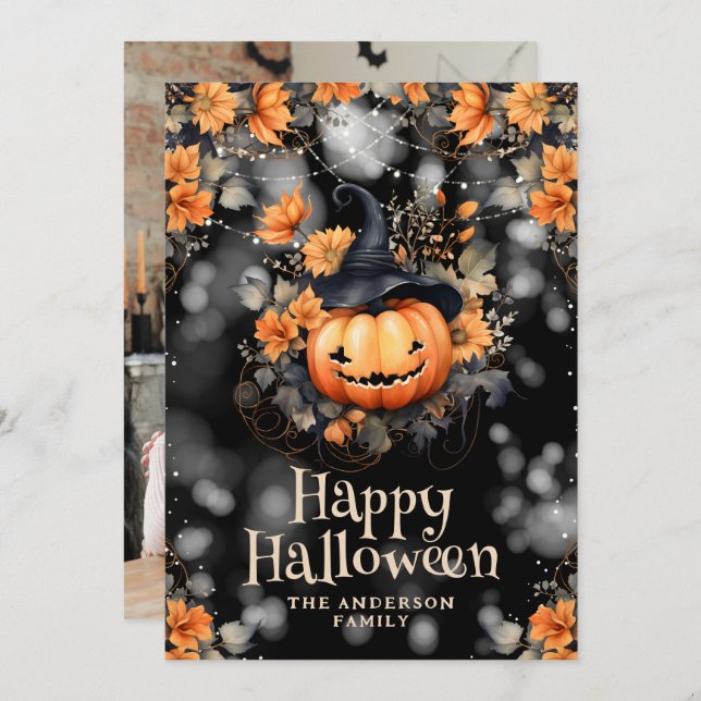 Cartão De Festividades Carta Feliz de Halloween da Família Spookpkin (Frente/Verso)