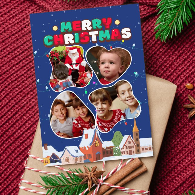 Cartão De Festividades Cartaz de Natal para colagem de imagens de abstrat (4 photos abstract frame collage Christmas postcard on a Christmas present)