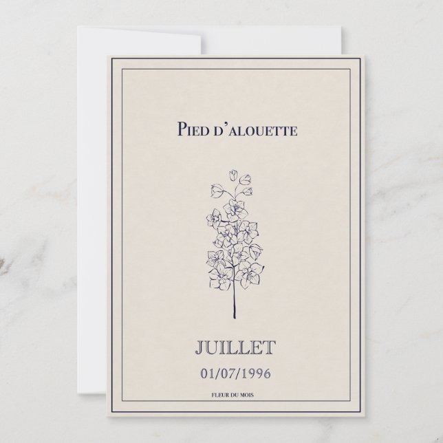 Cartão De Festividades Carte fleur de naissance juillet pied d’alouette (Frente)