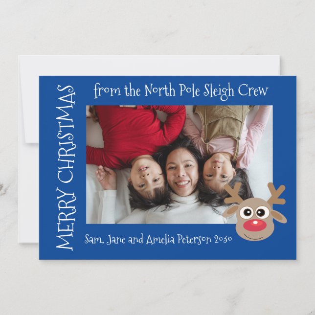 Cartão De Festividades Cartoon Bonito Reindeer Foto Azul De Natal (Frente)