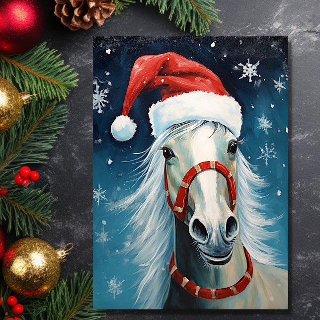 Cartão De Festividades Cartoon Bonito Vestindo Natal Hat (Front - Cute Cartoon Horse Wearing Santa Hat Christmas Holiday Card)