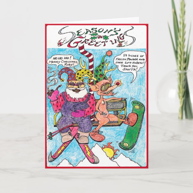 Cartão De Festividades Cartoon Christmas Card- Santa Skiing (Frente)