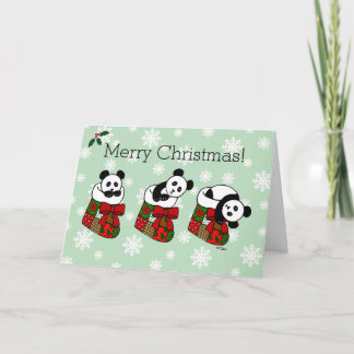 Cartão De Festividades Cartoon de Panda Natal empilhando Floco de Neve