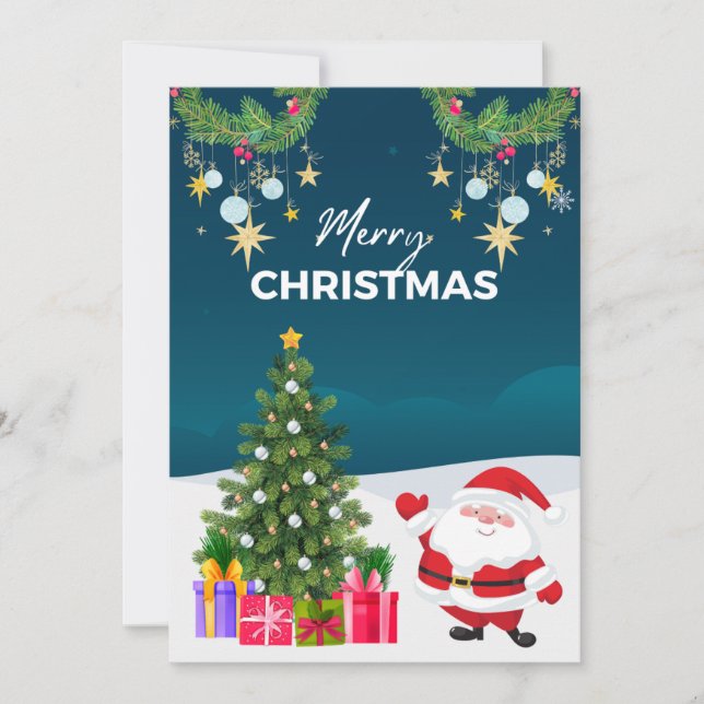 Cartão De Festividades Cartoon de Papais noeis Simples Azul Feliz Natal (Frente)