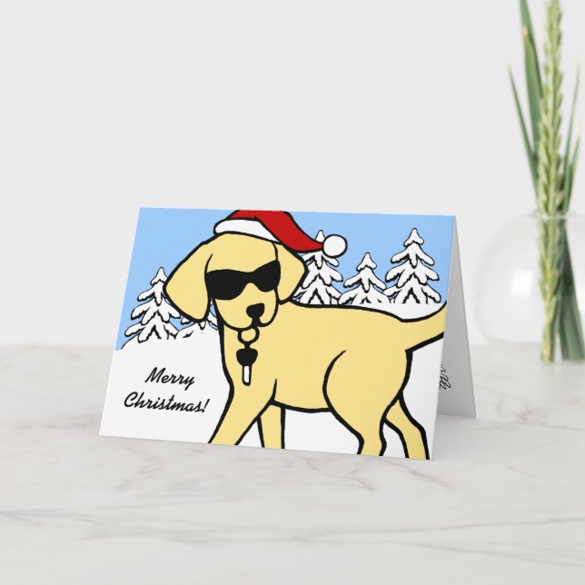 Cartão De Festividades Cartoon legal Yellow Lab Snow Woods de Natal (Frente)