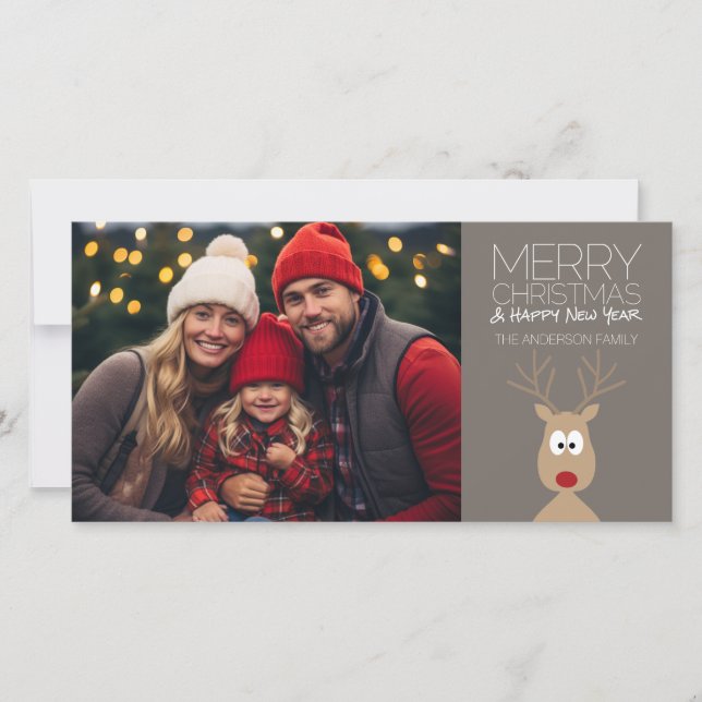 Cartão De Festividades Cartoon Reindeer com Feliz Natal e Foto (Frente)