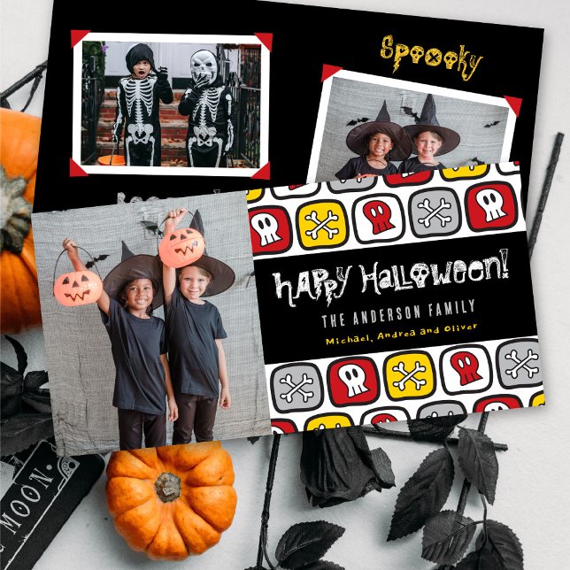 Cartão De Festividades Cartoon Skulls & Bones Kid's Happy Halloween Photo (Criador carregado)