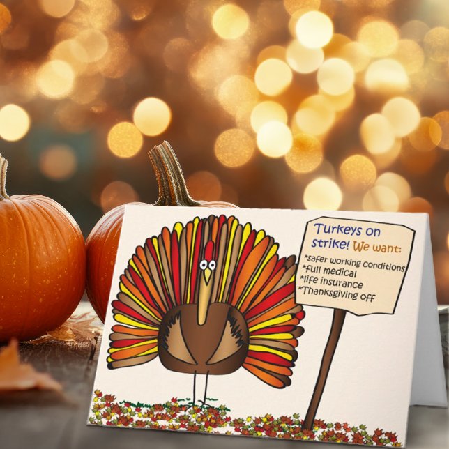 Cartão De Festividades Cartoon "Turkeys on Strike", Ação de Graças Engraç (Hey, check out this funny Thanksgiving Card "Turkeys on Strike". One of our most popular cards ever!)
