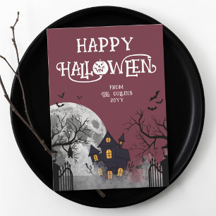 Cartão De Festividades Casa Assombrada Burgundy Moderna Feliz Halloween