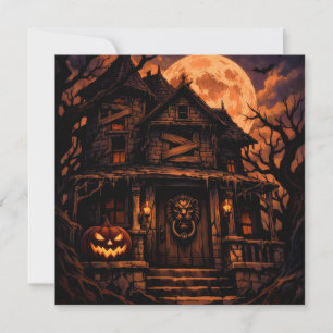 Cartão De Festividades Casa Assombrada de Halloween Assustadora com Lua C