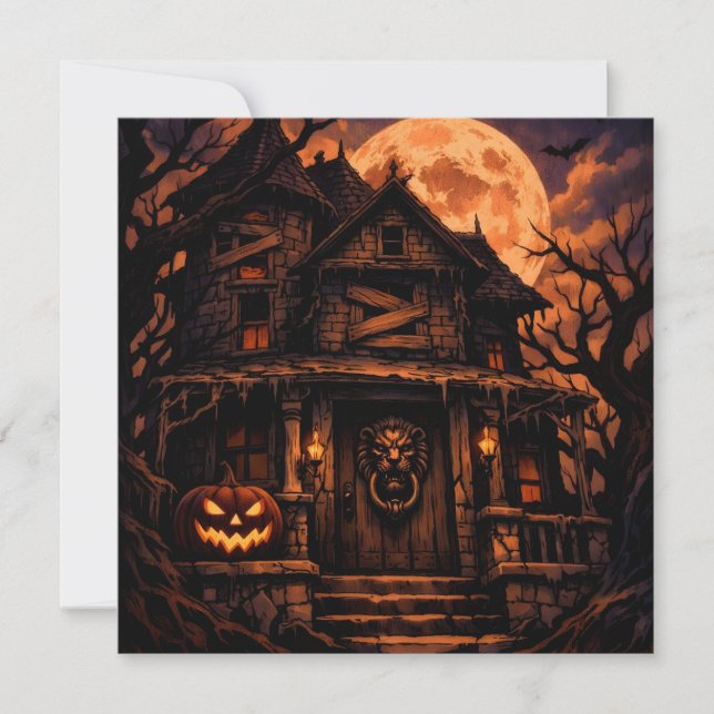 Cartão De Festividades Casa Assombrada de Halloween Assustadora com Lua C (Frente)