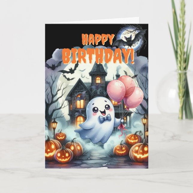 Cartão De Festividades Casa Assombrada Fantasma Fofa Aniversário Hallowee (Frente)