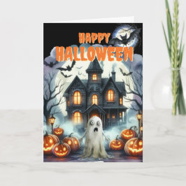 Cartão De Festividades Casa Assombrada Fantasma Fofa Halloween