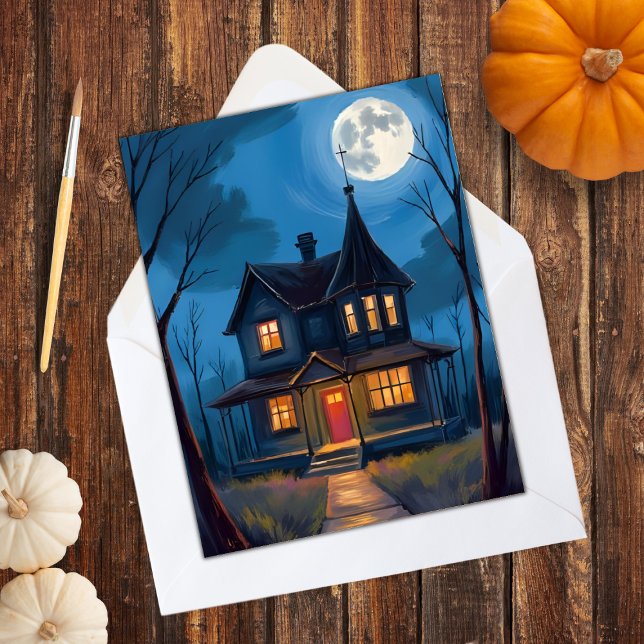 Cartão De Festividades Casa Assombrada Halloween Pintada à Mão (Criador carregado)