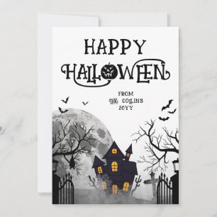 Cartão De Festividades Casa Assombrada Preta Moderna Feliz Halloween