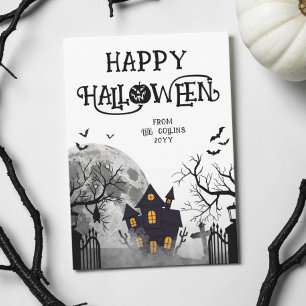 Cartão De Festividades Casa Assombrada Preta Moderna Feliz Halloween