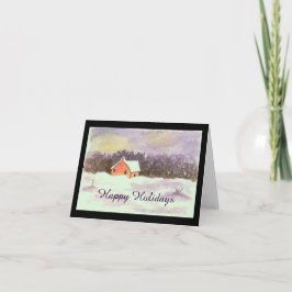 Cartão De Festividades Casa de Arte em Aquarela Paisagem Neve Feliz Natal