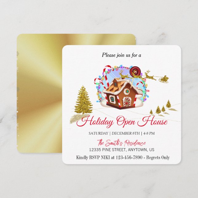 Cartão De Festividades Casa de Biscoito de Natal e Papai Noel Dourado Fér (Frente/Verso)