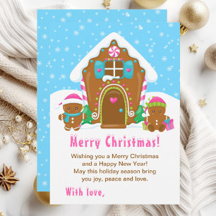 Cartão De Festividades Casa de Biscoito de Natal Rosa e Azul Feliz Natal