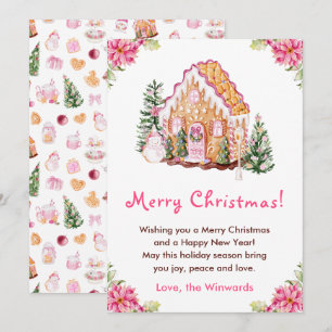 Cartão De Festividades Casa de Biscoito de Natal Rosa Feliz Natal