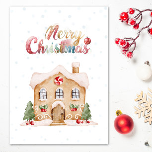 Cartão De Festividades Casa de Inverno em Aquarela Natal Alegre