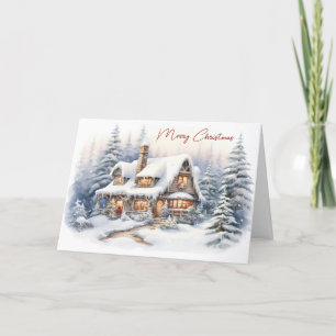 Cartão De Festividades Casa de Natal Com Aquarela Com Neve