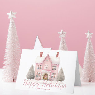 Cartão De Festividades Casa de Natal Rosa Fofa Endereço da Nova Casa