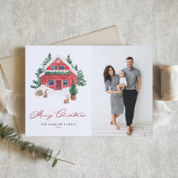 Casa de Natal Vermelha em Aquarela Aconchegante Fo