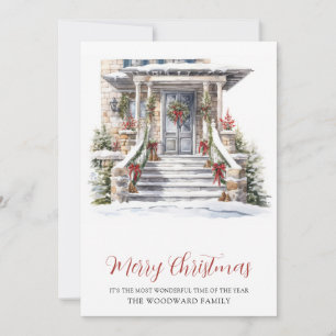 Cartão De Festividades Casa de Pedra de Natal em Aquarela