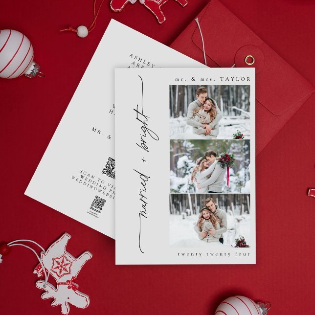 Cartão De Festividades Casado Novo + Código QR de Primeiro Natal Brilhant (Easily personalize this QR code holiday wedding announcement with your photos, website, and message)