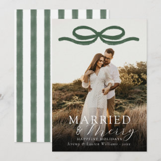 Cartão De Festividades Casados e Alegres Recém-Casados Elegante Laço Verd