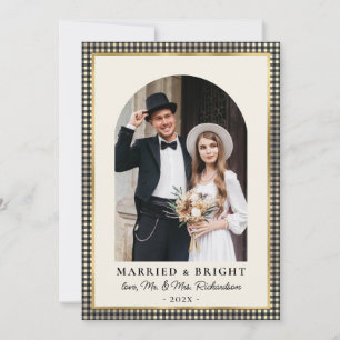 Cartão De Festividades Casados e Brilhantes Foto Arco Preto Xadrez Dourad