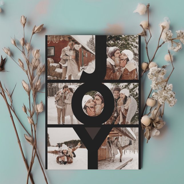 Cartão De Festividades Casais de múltiplas fotografias do Modern JOY (Couples multiple collage photo. large bold letters spelling JOY. modern and contempory)