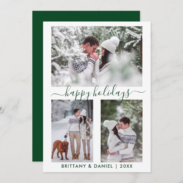 Cartão De Festividades Casal 3 Fotográfico do Script de Caligrafia Verde (Frente/Verso)