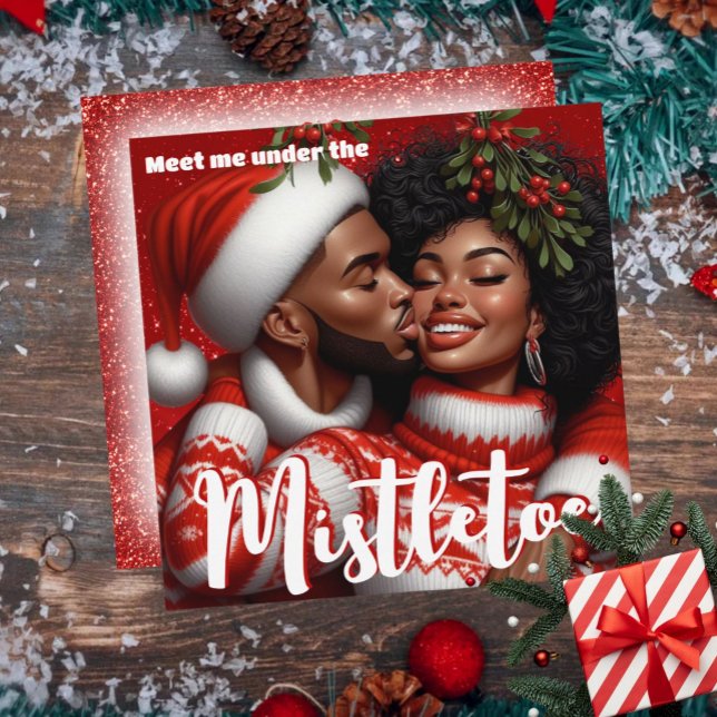Cartão De Festividades Casal Africano Americano Mistletooe Kiss (African American Couple Christmas Mistletoe Kiss Holiday Card)