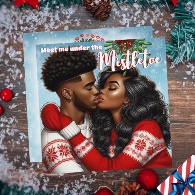 Cartão De Festividades Casal Afro-Americano Beijo de Natal debaixo do vis (African American Sweethearts Couple Christmas Mistletoe Kiss Holiday Card)