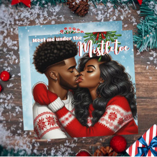 Cartão De Festividades Casal Afro-Americano Beijo de Natal no Visco