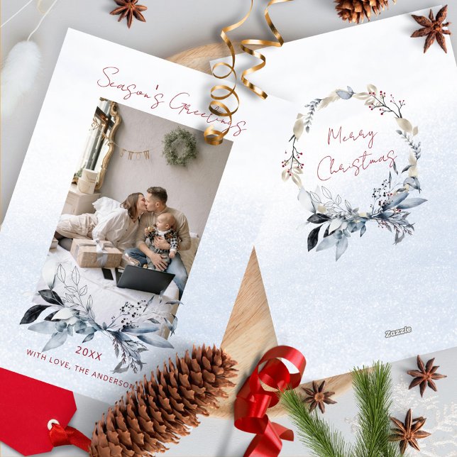 Cartão De Festividades Casal Azul Dourado Wreath Família Uma Foto Natal (Criador carregado)