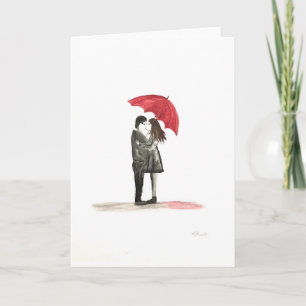 Cartão De Festividades Casal de amor com guarda-chuva vermelha