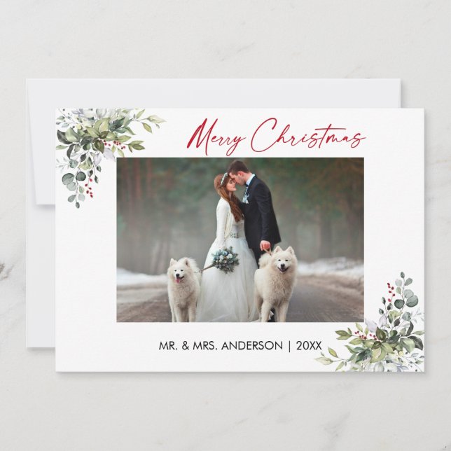 Cartão De Festividades Casal de Berries Greenery Berries de Tinta Vermelh (Frente)