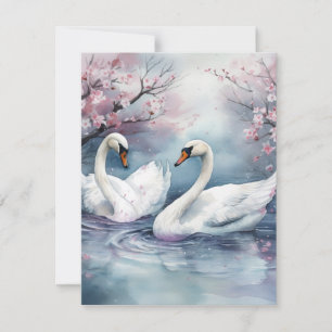 Cartão De Festividades Casal de Cisnes em Aquarela
