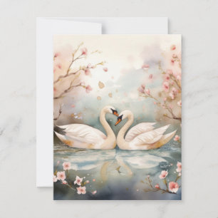Cartão De Festividades Casal de Cisnes em Aquarela