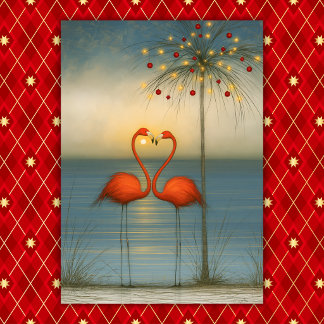 Cartão De Festividades Casal de Flamingo Tropical com Palmeira de Natal
