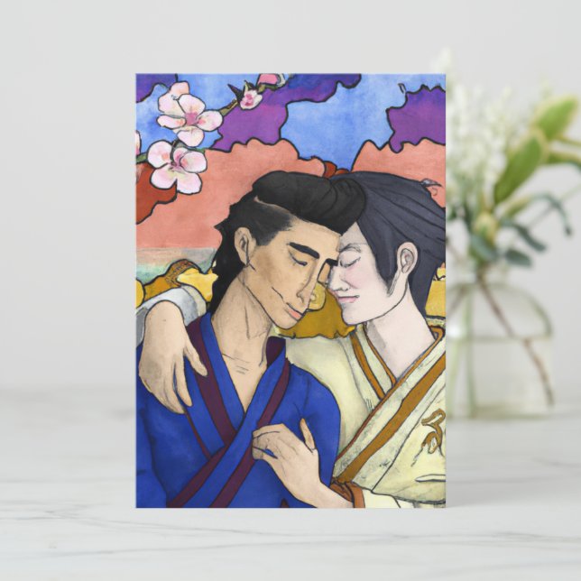 Cartão De Festividades Casal gay no estilo da arte ukiyo-e japonesa (Em pé/Frente)